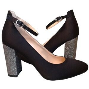 Marc Fisher Ankle Strap Block Silver Glitter Heel Shoes‎ size 8.5 M